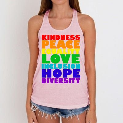 Kindness Peace Equality Love Inclusion Hope Diversity Women's Knotted Racerback Tank