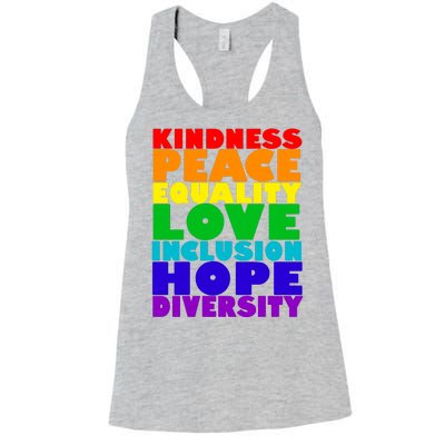 Kindness Peace Equality Love Inclusion Hope Diversity Women's Racerback Tank