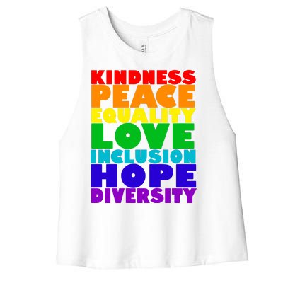 Kindness Peace Equality Love Inclusion Hope Diversity Women's Racerback Cropped Tank