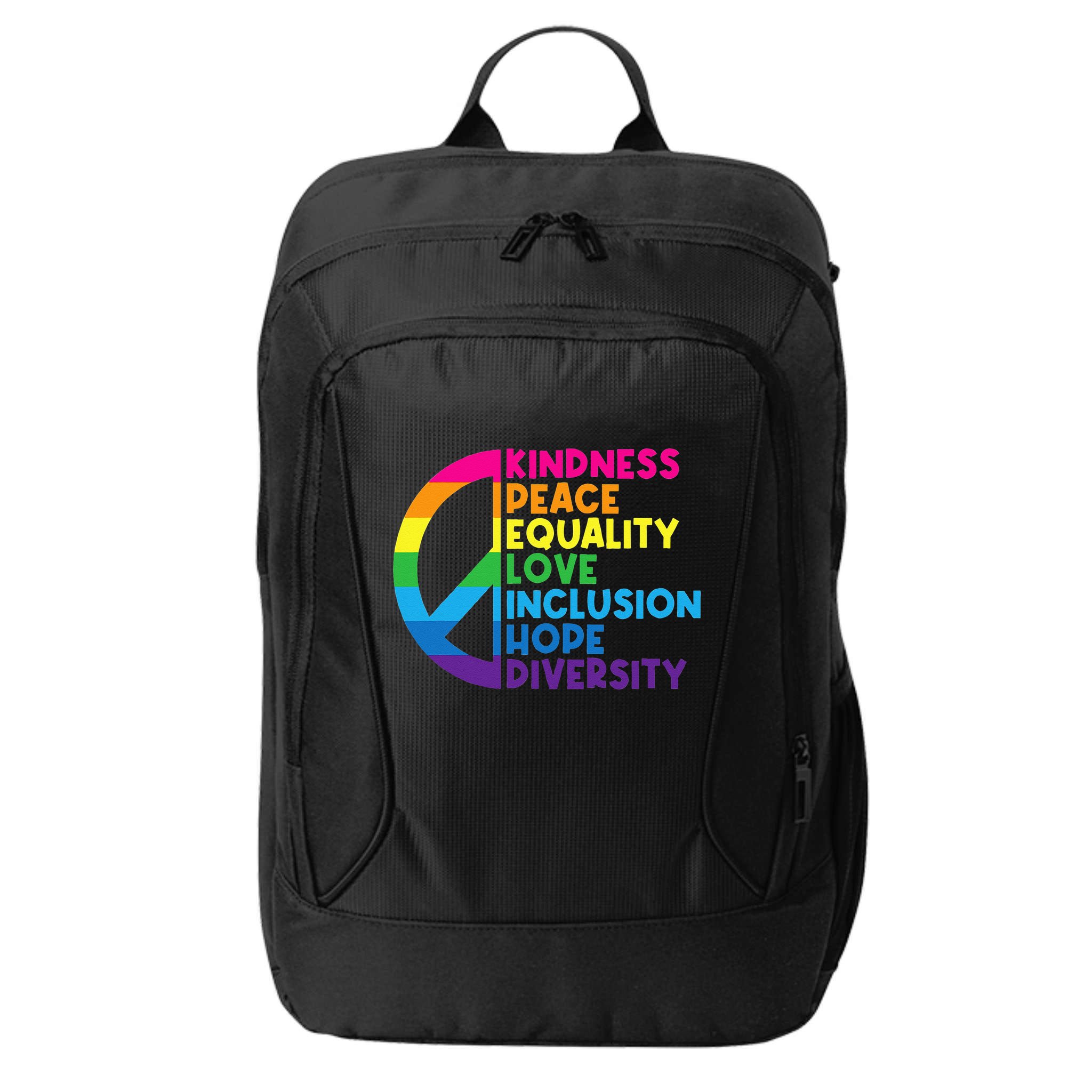 Kindness Peace Equality Love Inclusion Hope Diversity City Backpack