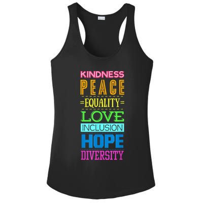 Kindness Peace Equality Love Inclusion Hope Diversity Ladies PosiCharge Competitor Racerback Tank