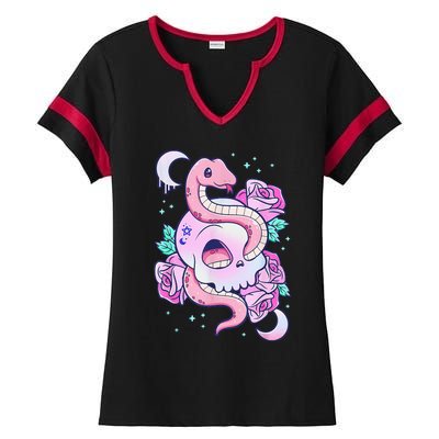 Kawaii Pastel Goth Cute Creepy Skull Serpent Snake Roses Ladies Halftime Notch Neck Tee