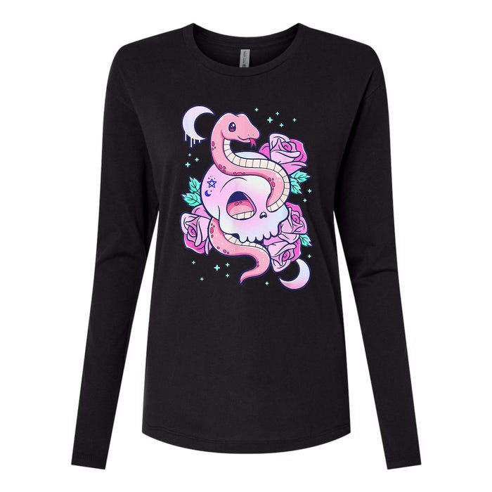 Kawaii Pastel Goth Cute Creepy Skull Serpent Snake Roses Womens Cotton Relaxed Long Sleeve T-Shirt