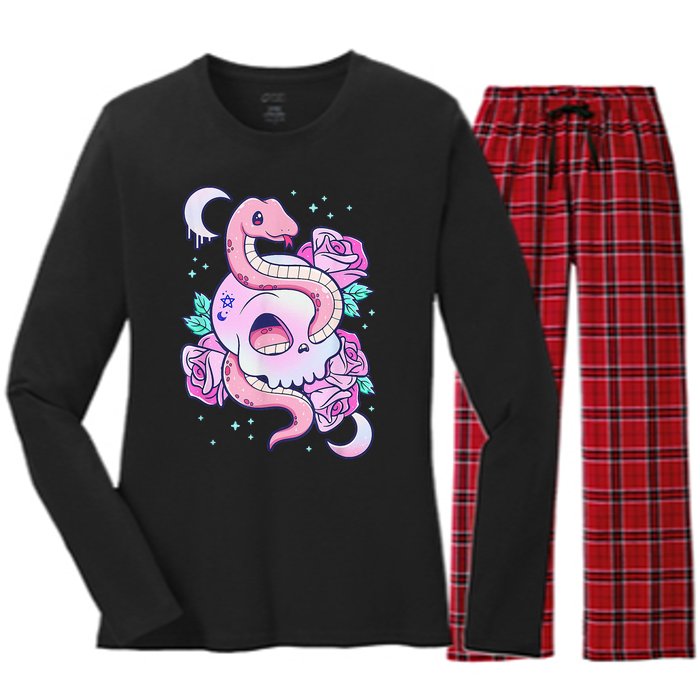 Kawaii Pastel Goth Cute Creepy Skull Serpent Snake Roses Women's Long Sleeve Flannel Pajama Set 