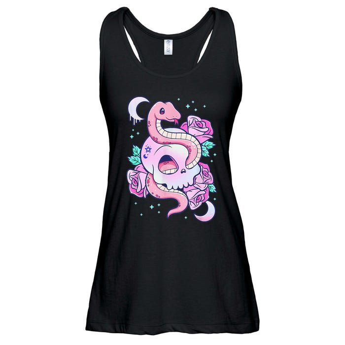 Kawaii Pastel Goth Cute Creepy Skull Serpent Snake Roses Ladies Essential Flowy Tank