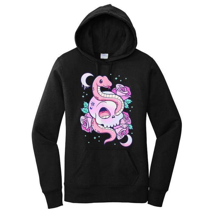 Kawaii Pastel Goth Cute Creepy Skull Serpent Snake Roses Women's Pullover Hoodie