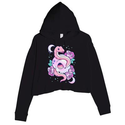 Kawaii Pastel Goth Cute Creepy Skull Serpent Snake Roses Crop Fleece Hoodie