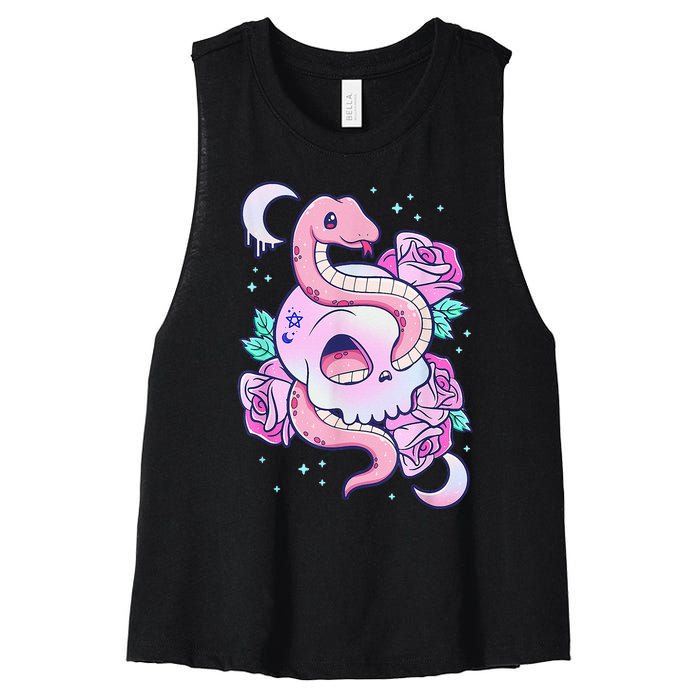 Kawaii Pastel Goth Cute Creepy Skull Serpent Snake Roses Women's Racerback Cropped Tank