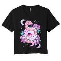 Kawaii Pastel Goth Cute Creepy Skull Serpent Snake Roses Women's Crop Top Tee