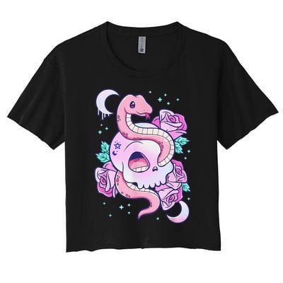 Kawaii Pastel Goth Cute Creepy Skull Serpent Snake Roses Women's Crop Top Tee