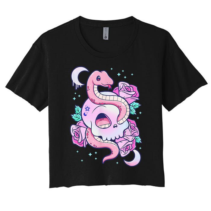 Kawaii Pastel Goth Cute Creepy Skull Serpent Snake Roses Women's Crop Top Tee