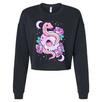 Kawaii Pastel Goth Cute Creepy Skull Serpent Snake Roses Cropped Pullover Crew