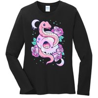 Kawaii Pastel Goth Cute Creepy Skull Serpent Snake Roses Ladies Long Sleeve Shirt