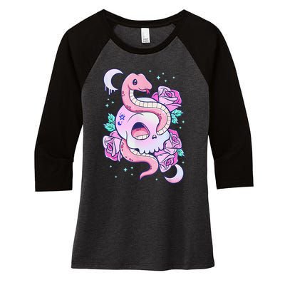 Kawaii Pastel Goth Cute Creepy Skull Serpent Snake Roses Women's Tri-Blend 3/4-Sleeve Raglan Shirt