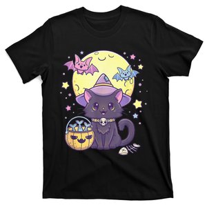 Kawaii Pastel Goth Cute Creepy Halloween Black Cat Witch Hat T-Shirt