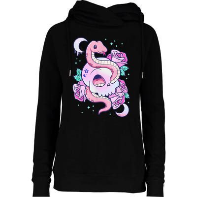 Kawaii Pastel Goth Cute Creepy Skull Serpent Snake Roses Womens Funnel Neck Pullover Hood