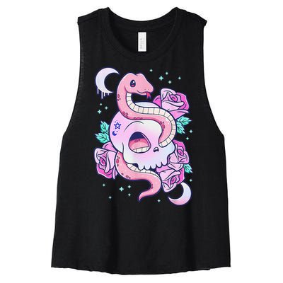 Kawaii Pastel Goth Cute Creepy Skull Serpent Snake Roses Women's Racerback Cropped Tank