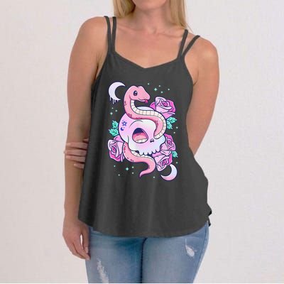 Kawaii Pastel Goth Cute Creepy Skull Serpent Snake Roses Women's Strappy Tank