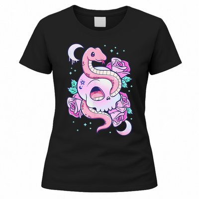 Kawaii Pastel Goth Cute Creepy Skull Serpent Snake Roses Women's T-Shirt