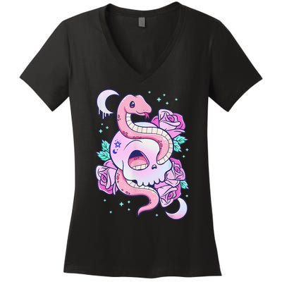 Kawaii Pastel Goth Cute Creepy Skull Serpent Snake Roses Women's V-Neck T-Shirt