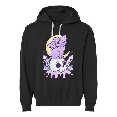 Kawaii Pastel Goth Cute Scary Witchy Cat And Skull Garment-Dyed Fleece Hoodie