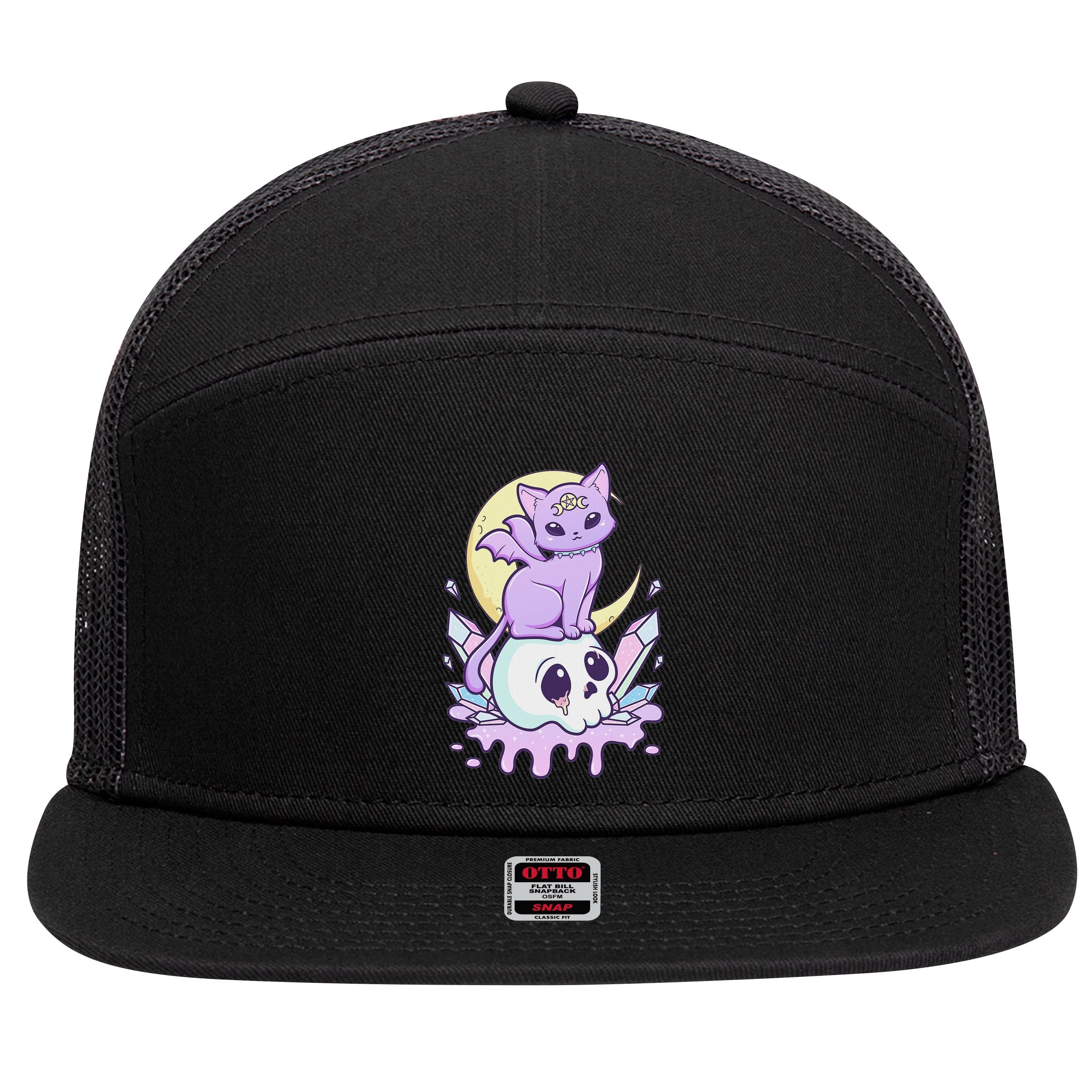 Kawaii Pastel Goth Cute Scary Witchy Cat And Skull 7 Panel Mesh Trucker Snapback Hat