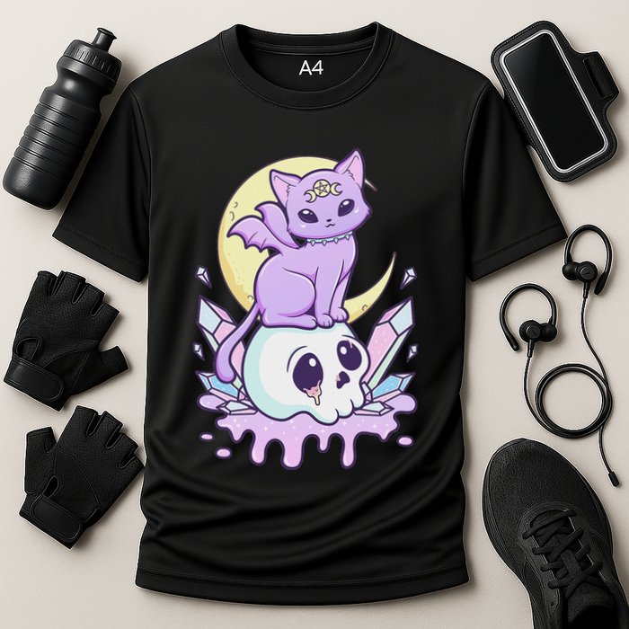 Kawaii Pastel Goth Cute Scary Witchy Cat And Skull Cooling Performance Crew T-Shirt