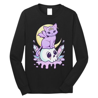 Kawaii Pastel Goth Cute Scary Witchy Cat And Skull Long Sleeve Shirt