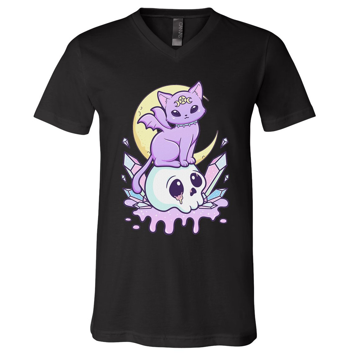 Kawaii Pastel Goth Cute Scary Witchy Cat And Skull V-Neck T-Shirt
