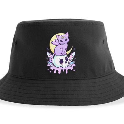Kawaii Pastel Goth Cute Scary Witchy Cat And Skull Sustainable Bucket Hat
