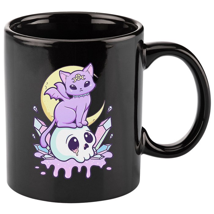 Kawaii Pastel Goth Cute Scary Witchy Cat And Skull 11oz C Handle Ceramic Mug