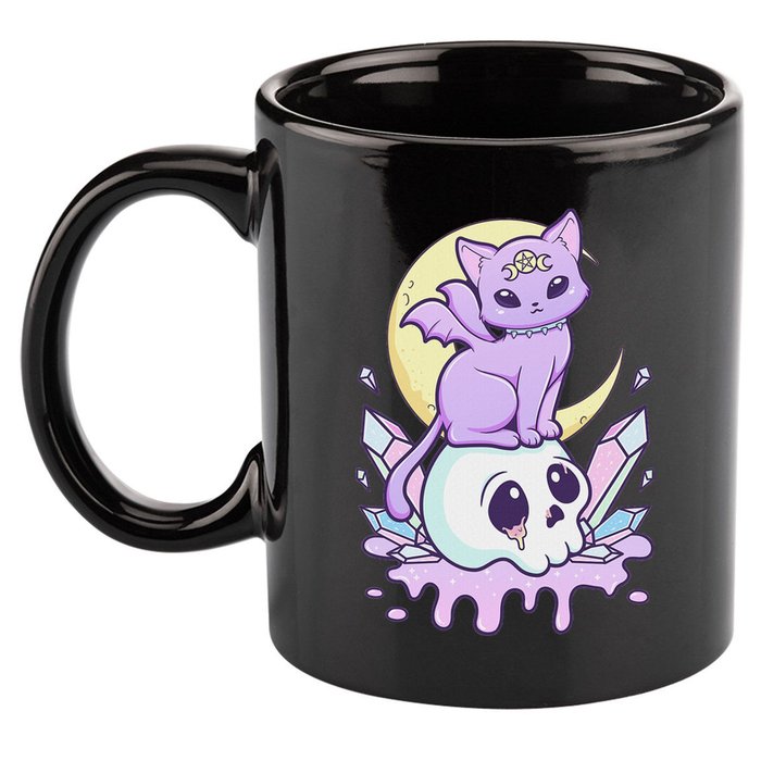 Kawaii Pastel Goth Cute Scary Witchy Cat And Skull 11oz C Handle Ceramic Mug