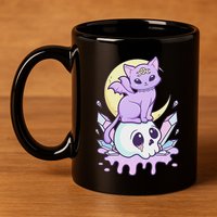 Kawaii Pastel Goth Cute Scary Witchy Cat And Skull 11oz C Handle Ceramic Mug