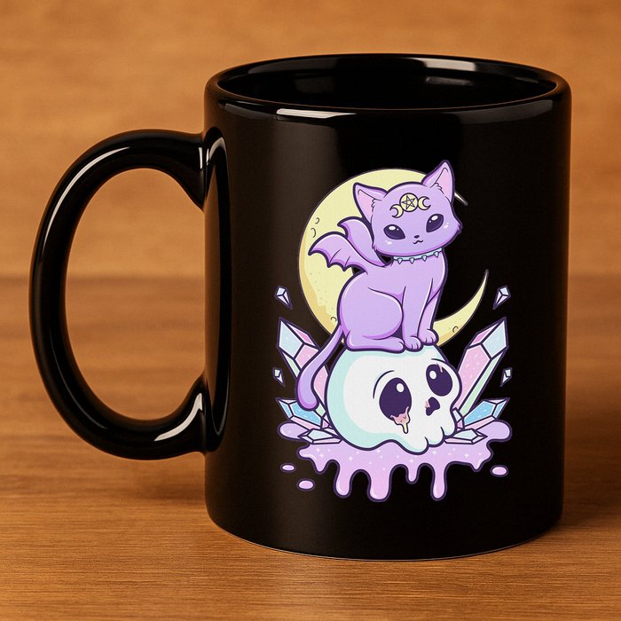 Kawaii Pastel Goth Cute Scary Witchy Cat And Skull 11oz C Handle Ceramic Mug
