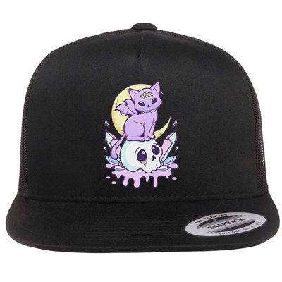 Kawaii Pastel Goth Cute Scary Witchy Cat And Skull Flatbill Hat