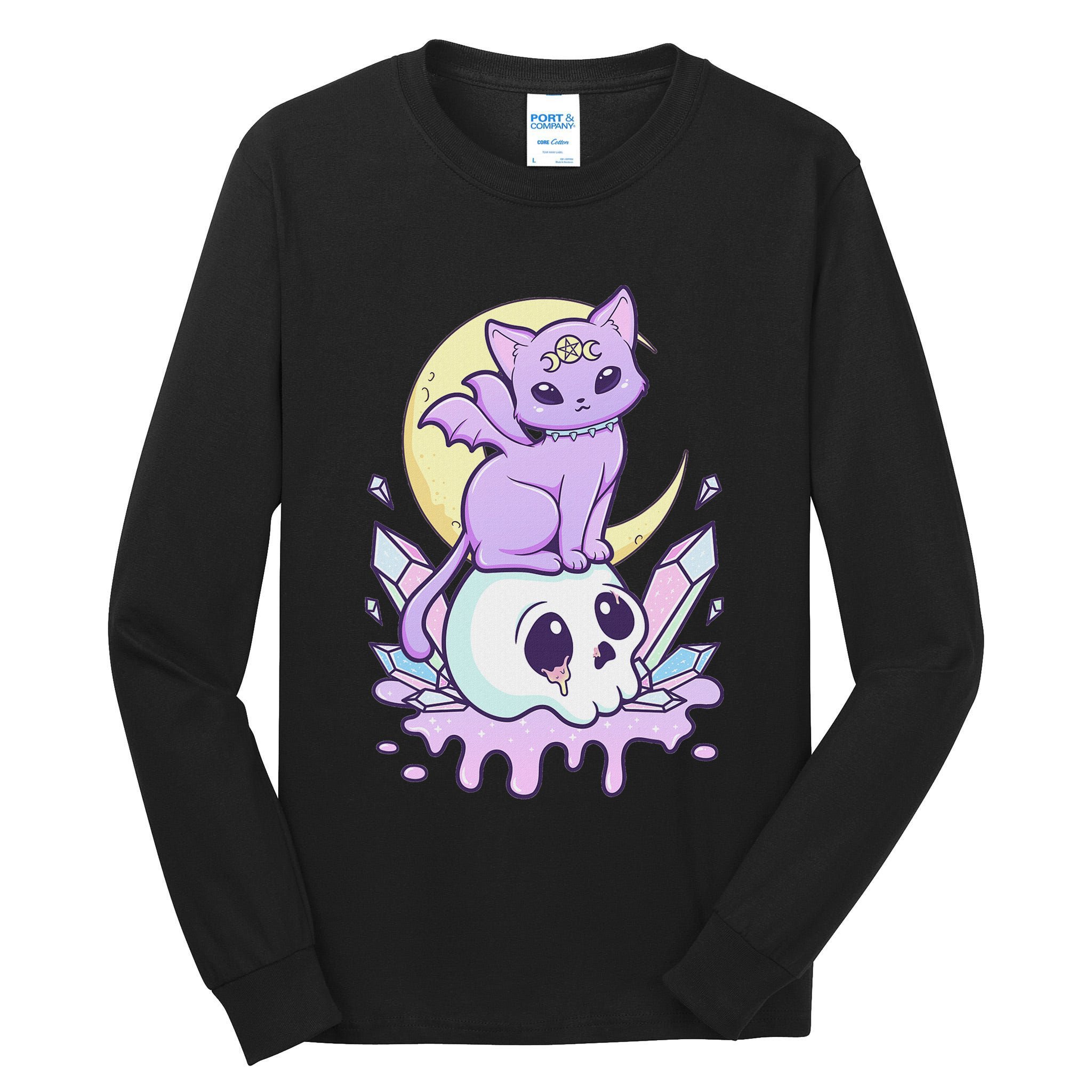 Kawaii Pastel Goth Cute Scary Witchy Cat And Skull Tall Long Sleeve T-Shirt