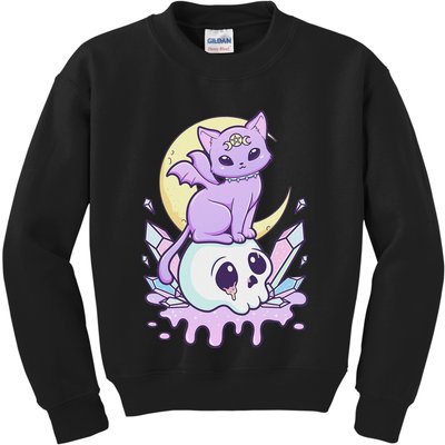Kawaii Pastel Goth Cute Scary Witchy Cat And Skull Kids Sweatshirt