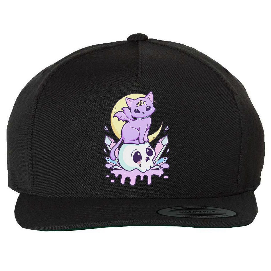 Kawaii Pastel Goth Cute Scary Witchy Cat And Skull Wool Snapback Cap