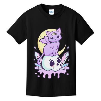Kawaii Pastel Goth Cute Scary Witchy Cat And Skull Kids T-Shirt