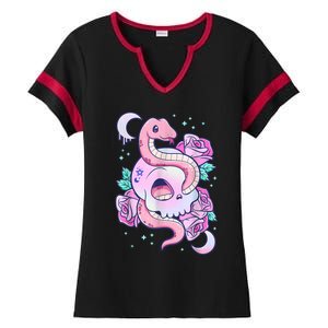 Kawaii Pastel Goth Cute Creepy Skull Serpent Snake Roses Ladies Halftime Notch Neck Tee