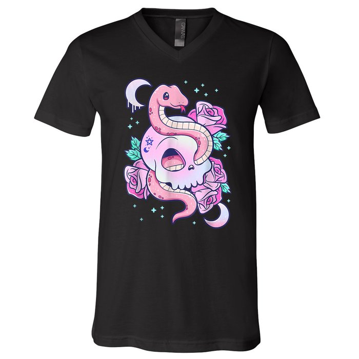 Kawaii Pastel Goth Cute Creepy Skull Serpent Snake Roses V-Neck T-Shirt