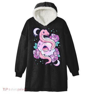 Kawaii Pastel Goth Cute Creepy Skull Serpent Snake Roses Hooded Wearable Blanket