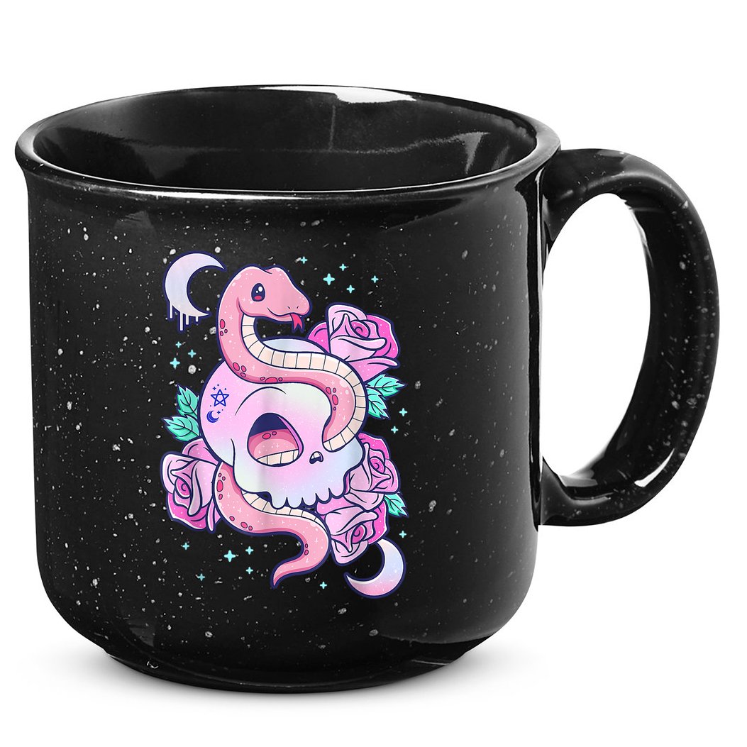 Kawaii Pastel Goth Cute Creepy Skull Serpent Snake Roses 15oz Campfire Ceramic Mug