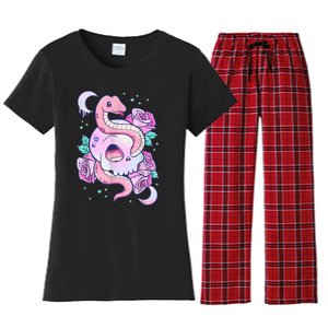 Kawaii Pastel Goth Cute Creepy Skull Serpent Snake Roses Women's Flannel Pajama Set