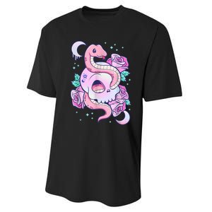 Kawaii Pastel Goth Cute Creepy Skull Serpent Snake Roses Performance Sprint T-Shirt