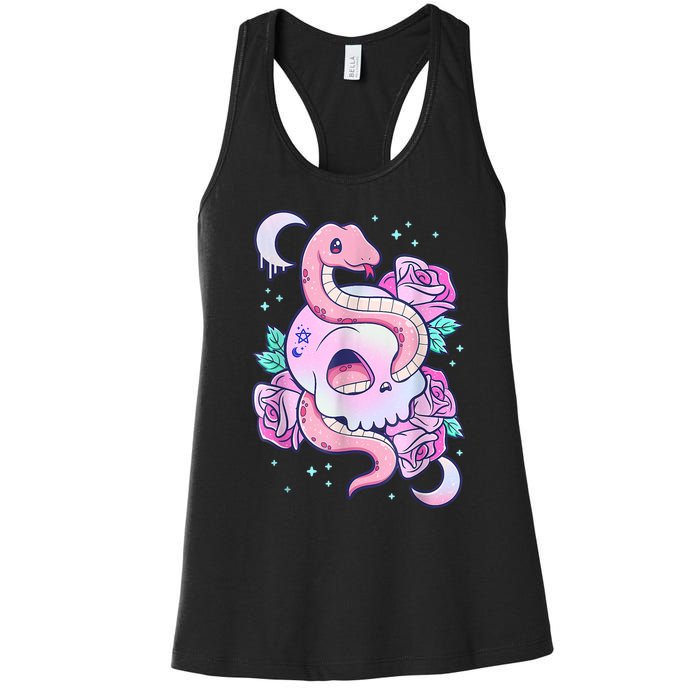 Kawaii Pastel Goth Cute Creepy Skull Serpent Snake Roses Women's Racerback Tank