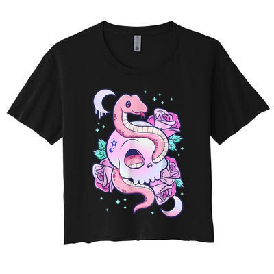 Kawaii Pastel Goth Cute Creepy Skull Serpent Snake Roses Crop Top