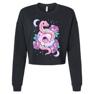 Kawaii Pastel Goth Cute Creepy Skull Serpent Snake Roses Cropped Pullover Crew