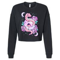 Kawaii Pastel Goth Cute Creepy Skull Serpent Snake Roses Cropped Pullover Crew