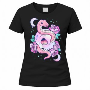 Kawaii Pastel Goth Cute Creepy Skull Serpent Snake Roses Women's T-Shirt